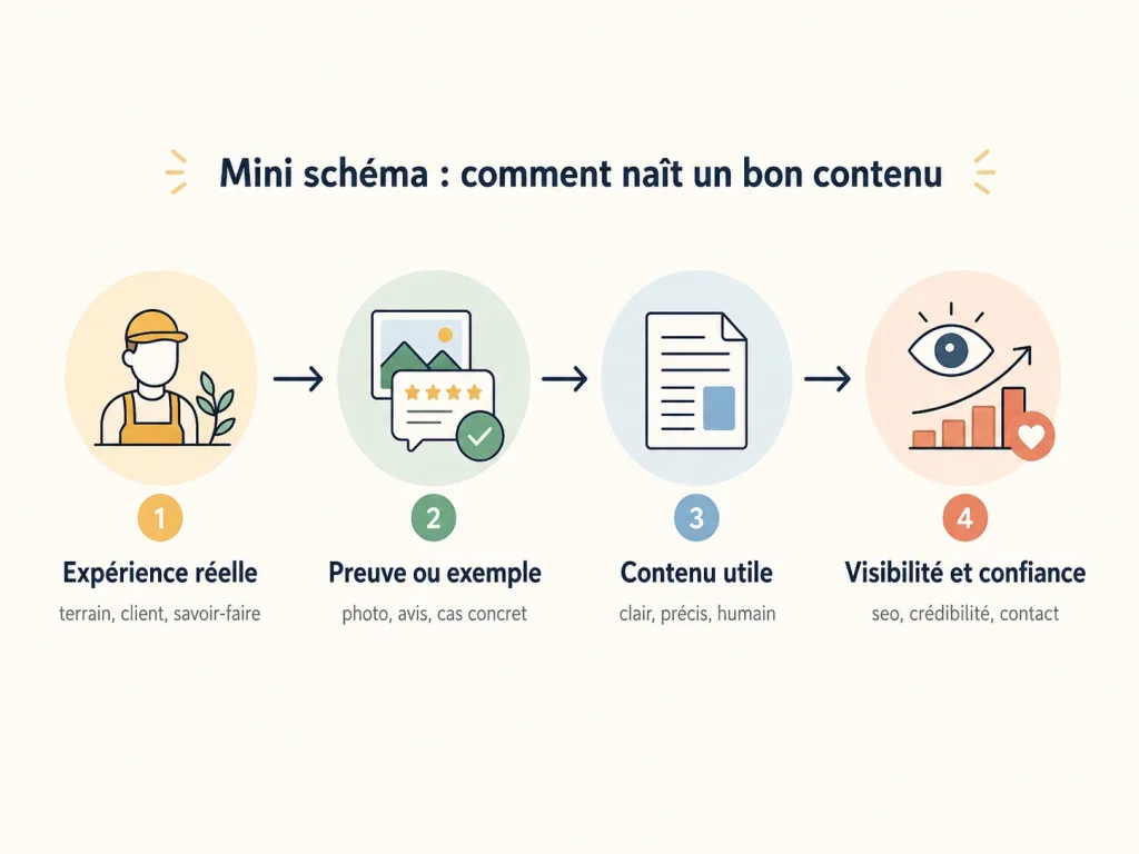 Schéma montrant les quatre étapes d’un contenu efficace : expérience réelle, preuve concrète, contenu utile, puis visibilité et confiance.
