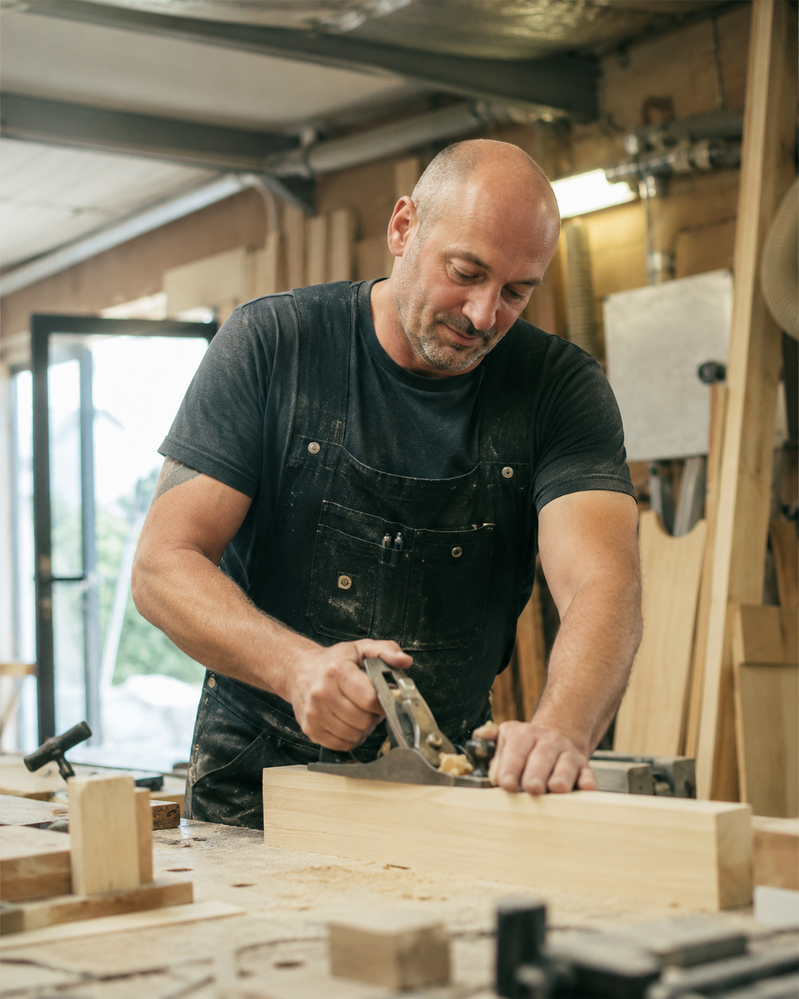 Artisan menant un travail de menuiserie dans un atelier, utilisant un outil pour façonner le bois.