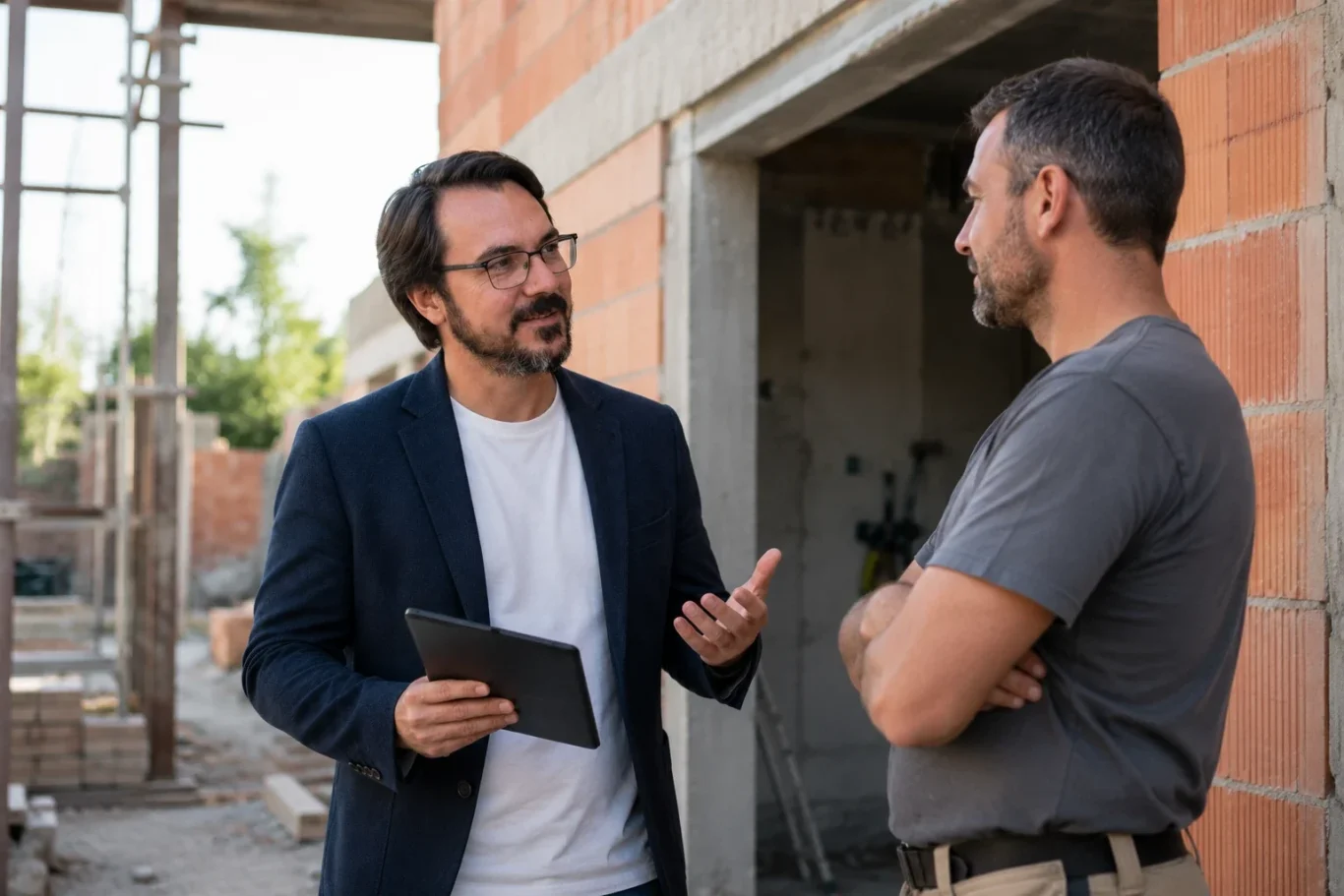 Liens 2 com - Communication pour les artisans Deux hommes discutent sur un chantier de construction, l'un tenant une tablette.