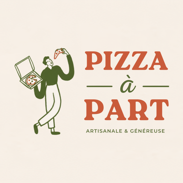 Logo de "Pizza à Part" avec un personnage tenant une boîte de pizza.