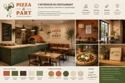 Intérieur du restaurant avec four à bois, tables en bois et décor chaleureux.