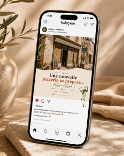 Un smartphone affichant une publication Instagram sur un fond neutre et naturel.
