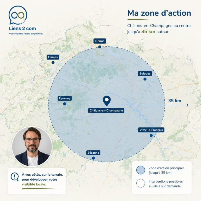 Carte illustrant la zone d'action avec des villes et des distances autour d'un point central.