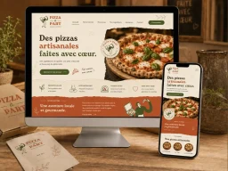 Site web de pizzeria avec présentation de pizzas artisanales sur ordinateur et mobile.